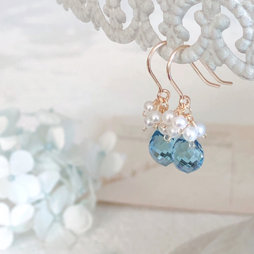 クオーツと淡水パールのアシンメトリー14kgf天然石ロングピアス