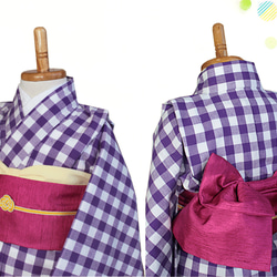 菫色格子の着物セット/90-110 2枚目の画像