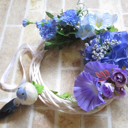 ◇934完売 青い小鳥　青紫の紫陽花と朝顔のリース ※中サイズ・約20㎝・１点物 4枚目の画像
