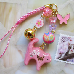 ◇736再販 桜色　猫とお花の和風ストラップ ※1点物 5枚目の画像
