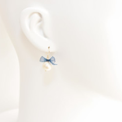 【4色】棉質珍珠蓬鬆絲帶耳環 第3張的照片