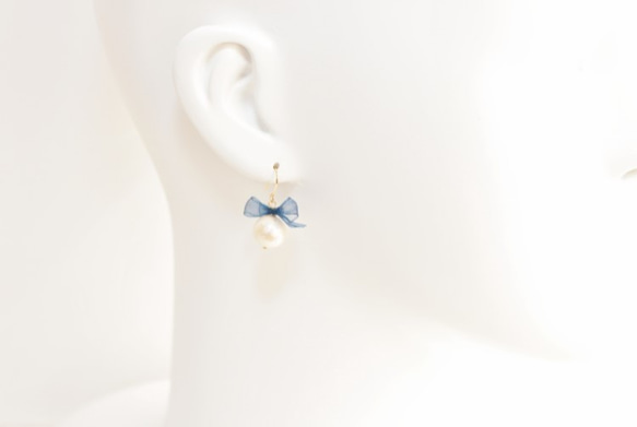 【4色】棉質珍珠蓬鬆絲帶耳環 第3張的照片
