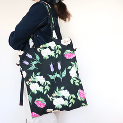 <送料無料> 巾着トートバッグ、ブラックボタニカル　Asahi柄テキスタイル　巾着バッグ 2枚目の画像
