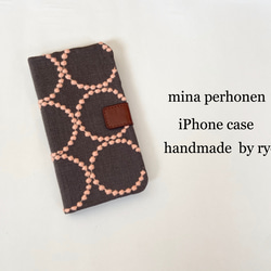 手帳型 iPhoneケース ミナペルホネン  タンバリン チャコール×ピンク 1枚目の画像
