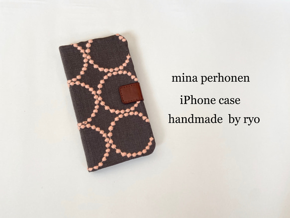 手帳型 iPhoneケース ミナペルホネン  タンバリン チャコール×ピンク 1枚目の画像