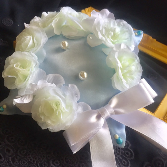 再販リングピロー【花冠バラとアジサイ】清楚ウェディング 結婚式 送料無料　サムシングブルー 1枚目の画像