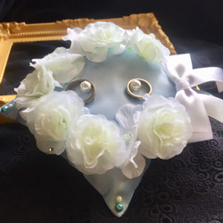 再販リングピロー【花冠バラとアジサイ】清楚ウェディング 結婚式 送料無料　サムシングブルー 3枚目の画像