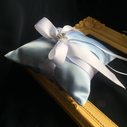 リングピロー【サムシングブルー】白リボン　ビジュー　ウェディング　結婚式　ブライダル 3枚目の画像
