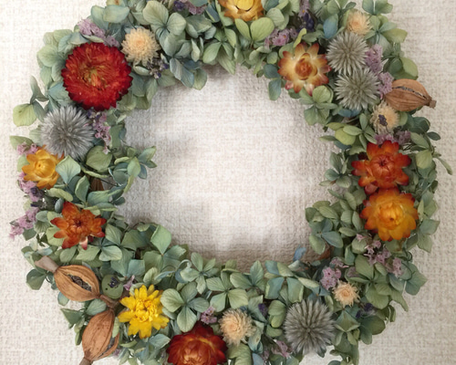 バラや秋色紫陽花のお花畑リース　ドライフラワーリース 【25209】 秋色紫陽花のドライフラワーリース ドライフラワー itsc88 通販