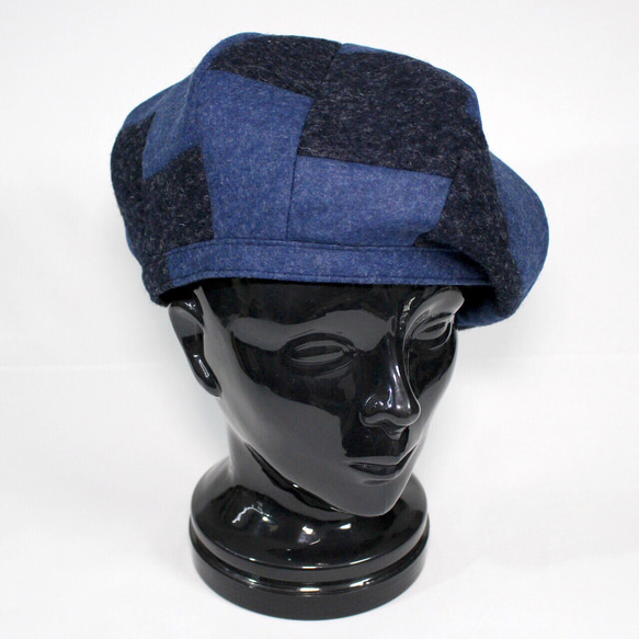 圧縮ウールのパッチワークベレー帽(ブルー) 3枚目の画像