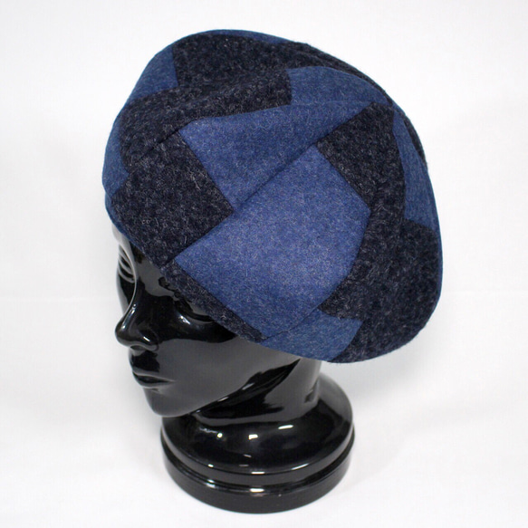 圧縮ウールのパッチワークベレー帽(ブルー) 6枚目の画像