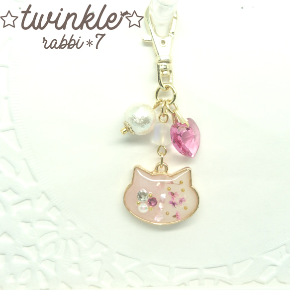 猫とお花のパステルミニキーホルダー（ピンク系）□07-pi□ 2枚目の画像