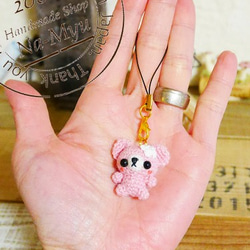 【受注制作】あみぐるみ・SSサイズの豆クマちゃん（約2.5cm）☆お花付き／桜 4枚目の画像