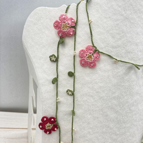 レース ビーズ 編み込み 春のお花畑 ピンク トルコ オヤ風 ネックレス