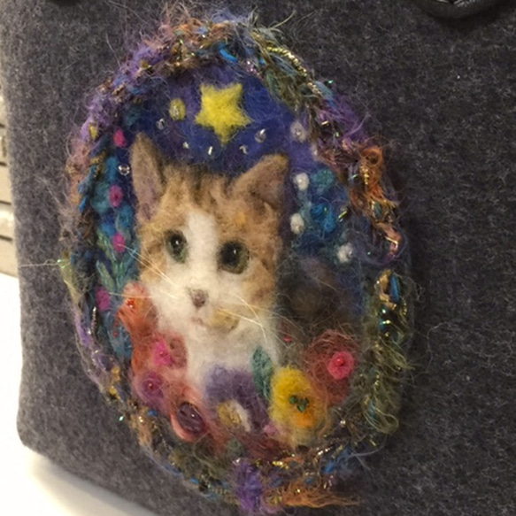 フェルトバッグ　猫　「星空とめまる」 2枚目の画像