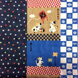 作家作品オーダーメイド ベルト パッチワーク 猫柄 110×48】和調 猫パッチワーク柄（ブルー） ドビー織り生地 生地