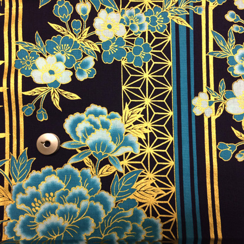 110×50】和柄 金彩 花ストライプ柄（黒×青） 生地 ハンドメイド
