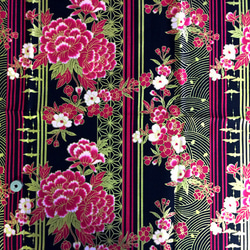 【110×50】和柄　金彩　花ストライプ柄（黒×ピンク） 2枚目の画像