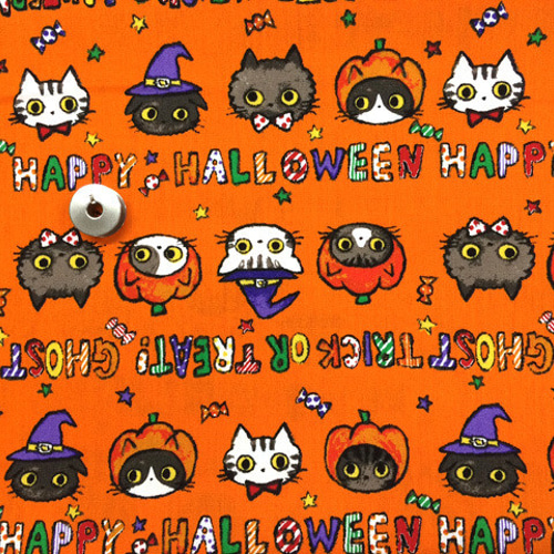 100×50】ハロウィン猫ちゃんフェイス 生地（オレンジ） 生地