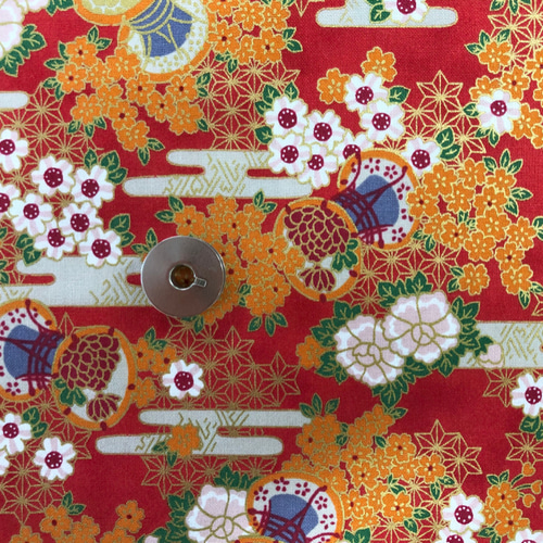100×50】和柄 キルトゲイト 金彩入り 花＆太鼓柄 生地（赤） 生地  