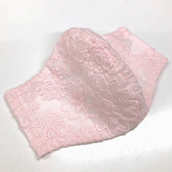 裏側抗菌防臭ダブルガーゼ☆コードレース花柄刺繍レースマスク　ピンク色 1枚目の画像