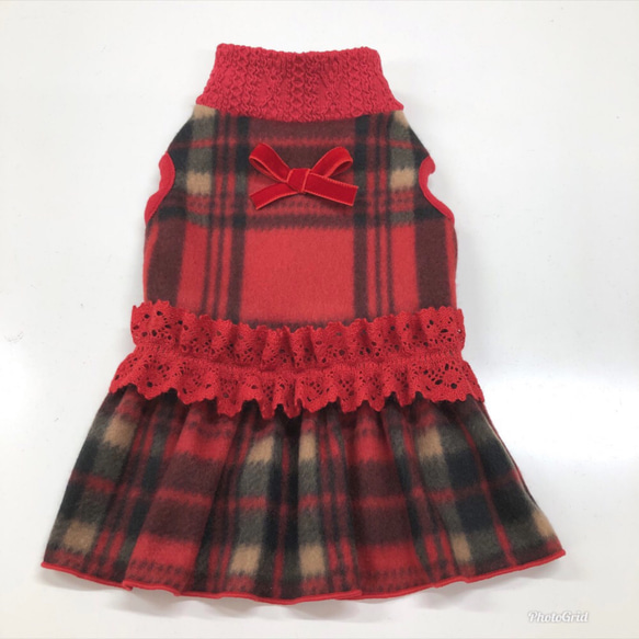 冬ワンピース フリースタータンチェック柄・犬服ワンピース ペット服
