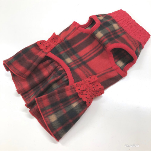 冬ワンピース フリースタータンチェック柄・犬服ワンピース ペット服 