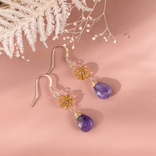 14kgf】チャロアイト×シャンパンクォーツ ピアス ピアス（フック 