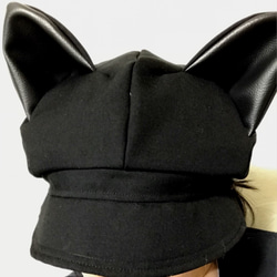 黒猫耳キャスケット (ウールサージ) サイズ60.5cm　黒耳 3枚目の画像