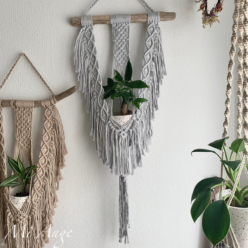 流木マクラメ編みプラントハンガー(ミストグレー) タペストリー  