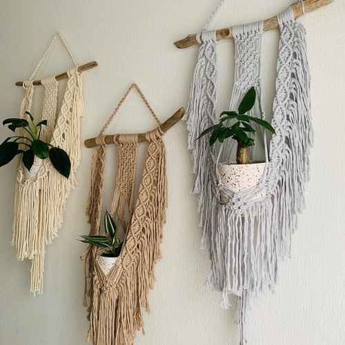 流木マクラメ編みプラントハンガー(ミストグレー) タペストリー  