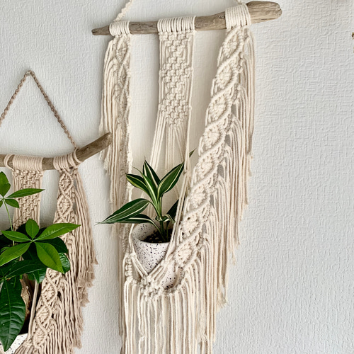 流木マクラメ編みプラントハンガー(アイボリー) その他インテリア雑貨
