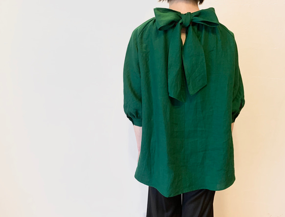 後ろリボン　リネンチュニック　袖丈が選べるブラウス　　春夏秋冬　グリーン　緑 1枚目の画像