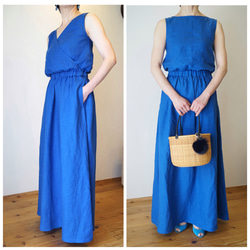 【再販】前後で着れる　100%リネン  ワンピース　涼しい　春夏　青　ブルー　ロングスカート 1枚目の画像