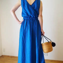【再販】前後で着れる　100%リネン  ワンピース　涼しい　春夏　青　ブルー　ロングスカート 5枚目の画像