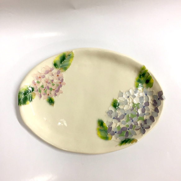 再販ブルーハンドメイド  紫陽花に楕円皿 小サイズ 3枚目の画像