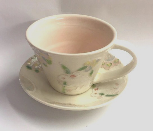 てと様専用ページ うさぎとモノグラムレースの器パステルピンク湯呑み茶碗 5枚目の画像