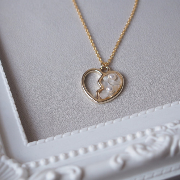 情人節禮物 愛心滴膠貝殼片珍珠 鍍金項鍊 (45cm) 第3張的照片