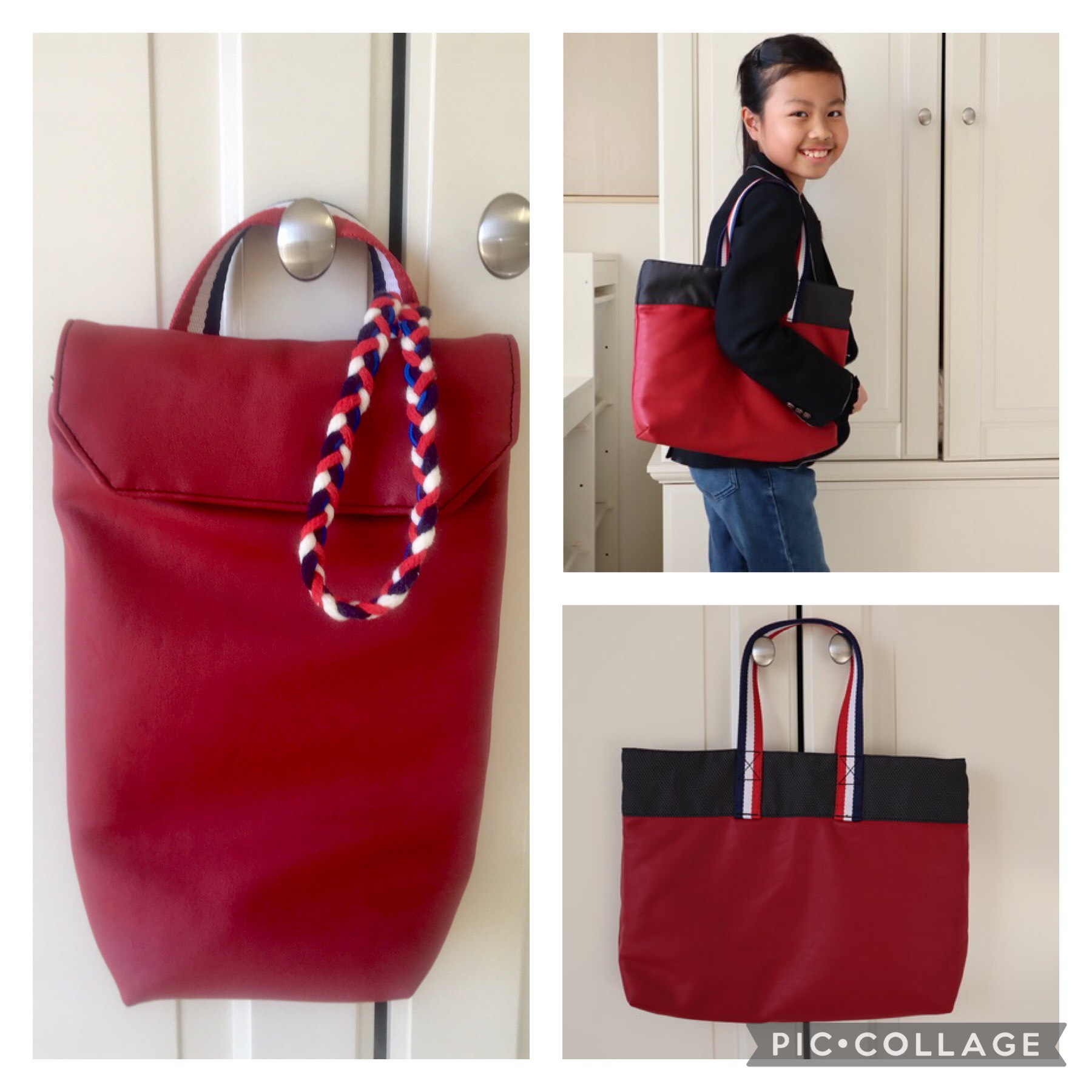 女の子のための赤革ー学校用品ーレッスンバッグと雨蓋付き上履き入れセット