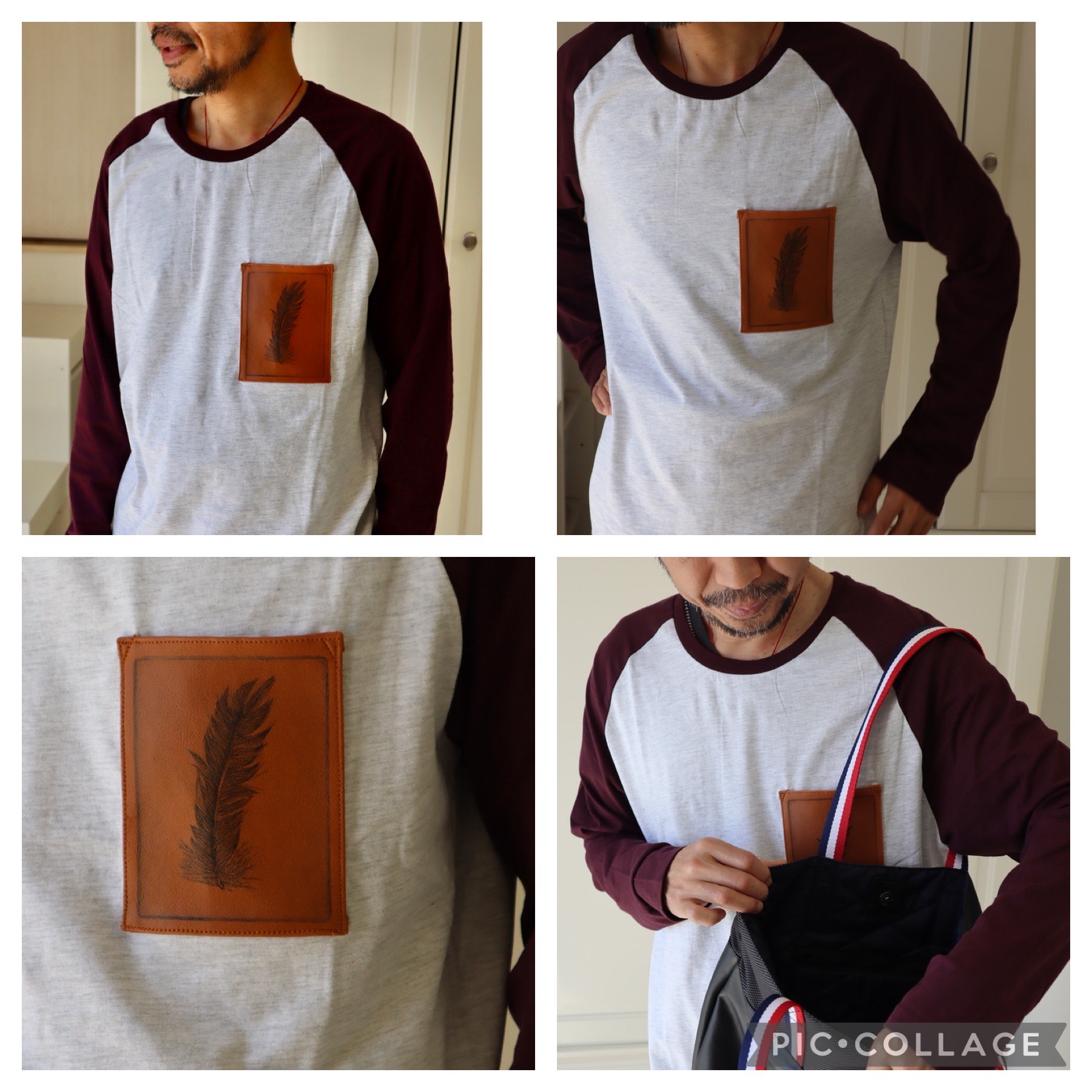 アートラグラン長袖TシャツLサイズ紺ー銅版版画ー『羽』ーメンズ