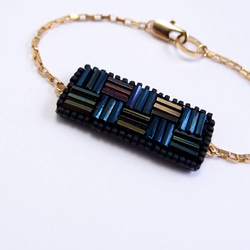 SHAO / Rectangular Embroidery Bracelet / Blue Black & Bronze 3枚目の画像