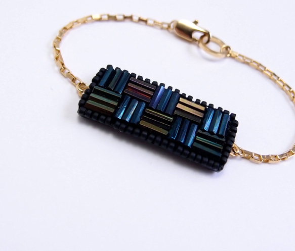 SHAO / Rectangular Embroidery Bracelet / Blue Black & Bronze 3枚目の画像