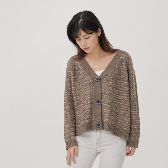 Queena V Neck Tweed Cropped Cardigan / Brown 6枚目の画像