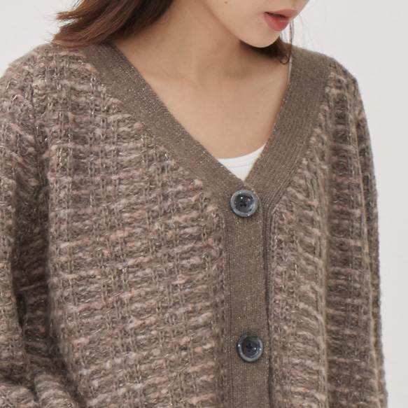 Queena V Neck Tweed Cropped Cardigan / Brown 9枚目の画像