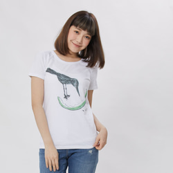 小鳥がスイカを食べる・ピーチ起毛ソフトコットン・半袖・レディースTシャツ、ホワイト 1枚目の画像