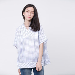 ロングコットンシャツ short sleeves Shirt with blue Plaid 1枚目の画像