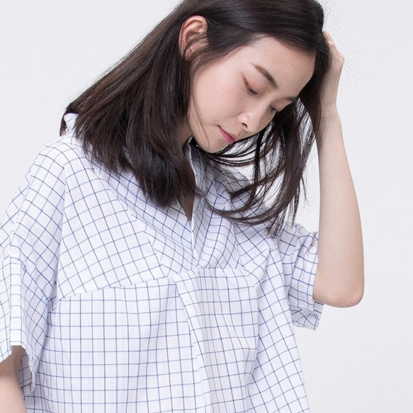 ロングコットンシャツ short sleeves Shirt with blue Plaid 3枚目の画像