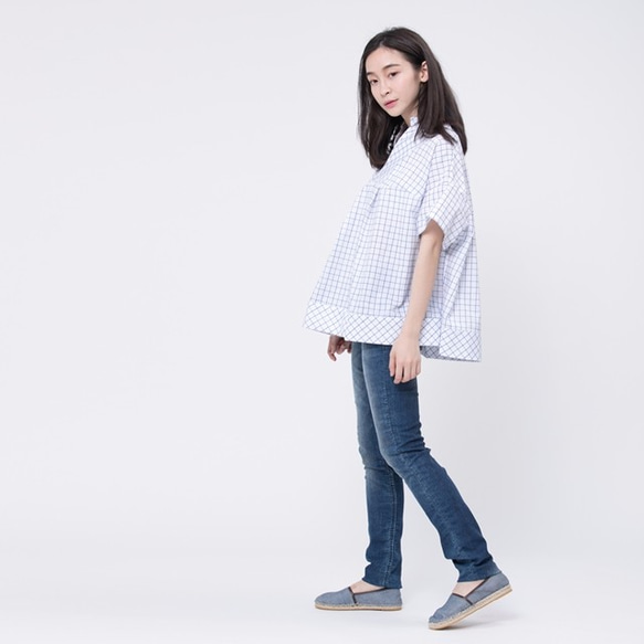 ロングコットンシャツ short sleeves Shirt with blue Plaid 6枚目の画像