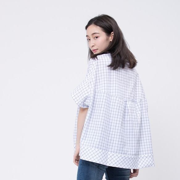 ロングコットンシャツ short sleeves Shirt with blue Plaid 8枚目の画像