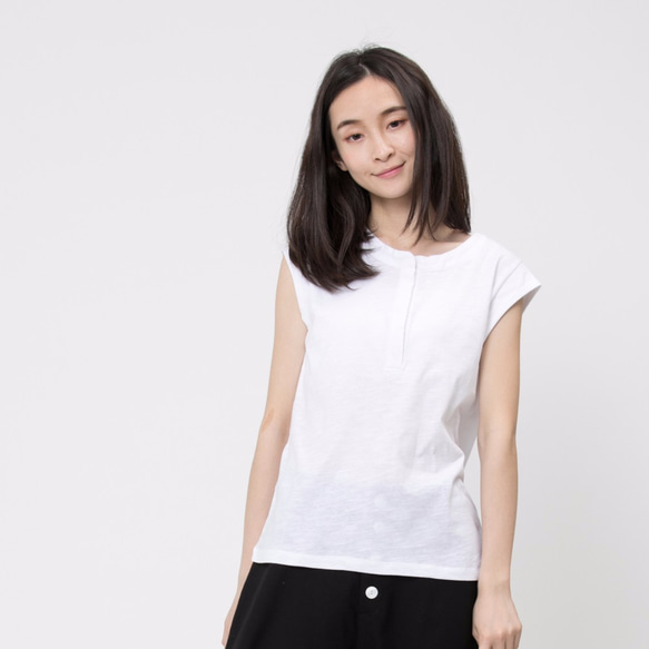 Henley Cotton Cap Sleeve T-shirt /White 1枚目の画像